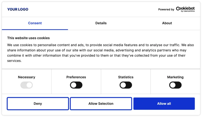 Bannière de consentement aux cookies avec des options de réglage pour les cookies nécessaires, de préférences, statistiques, et marketing.