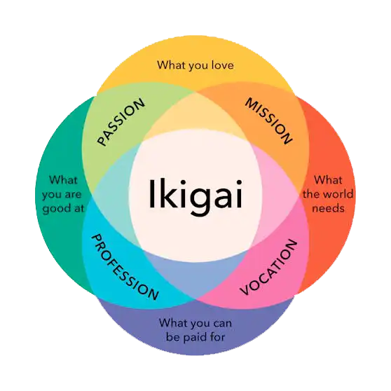 Diagramme Ikigai montrant l'intersection entre passion, mission, profession et vocation.