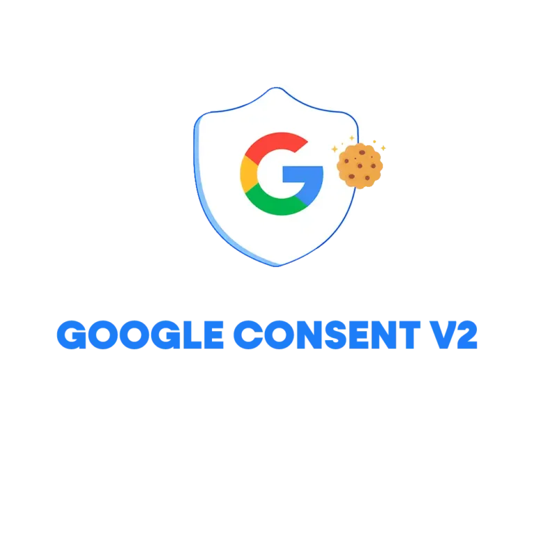 Logo de Google Consent V2 avec un bouclier, le logo Google et un cookie.