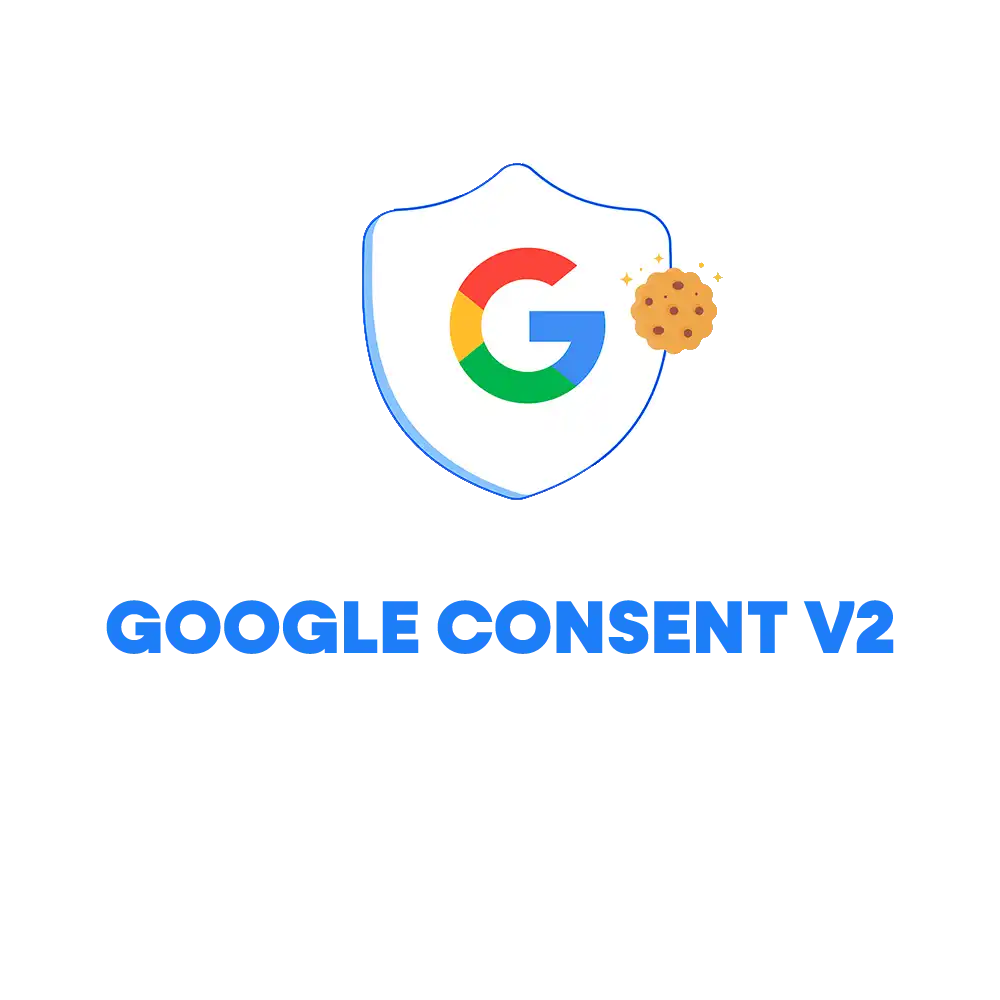 Logo de Google Consent V2 avec un bouclier, le logo Google et un cookie.