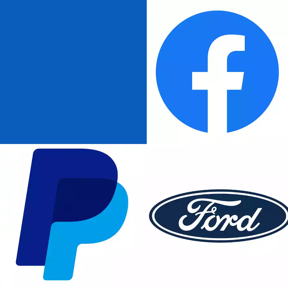 Collage de logos célèbres en nuances de bleu, incluant Facebook, PayPal, et Ford.