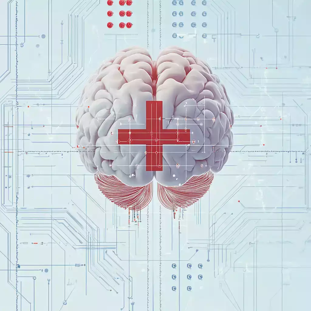 Illustration symbolique de l'intelligence artificielle en santé, avec un cerveau digital, circuits électroniques et éléments médicaux comme l'ADN et des lignes de pulsation cardiaque.