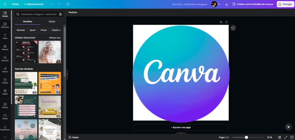 Interface Canva avec le logo au milieu