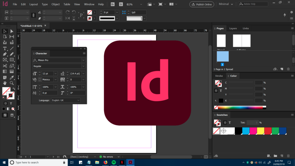 Interface Indesign avec le logo au milieu