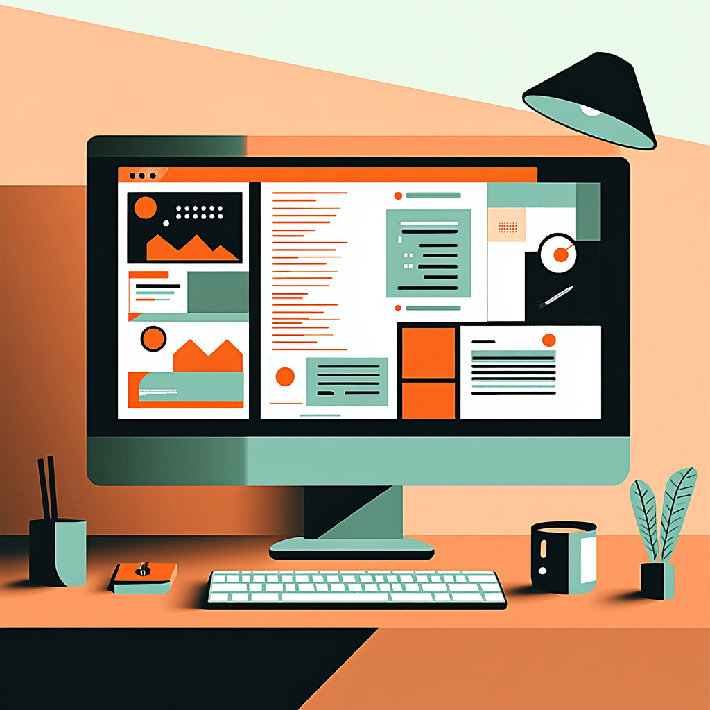 Illustration flatdesign montrant un ordinateur sur un bureau de couleur noir et orange