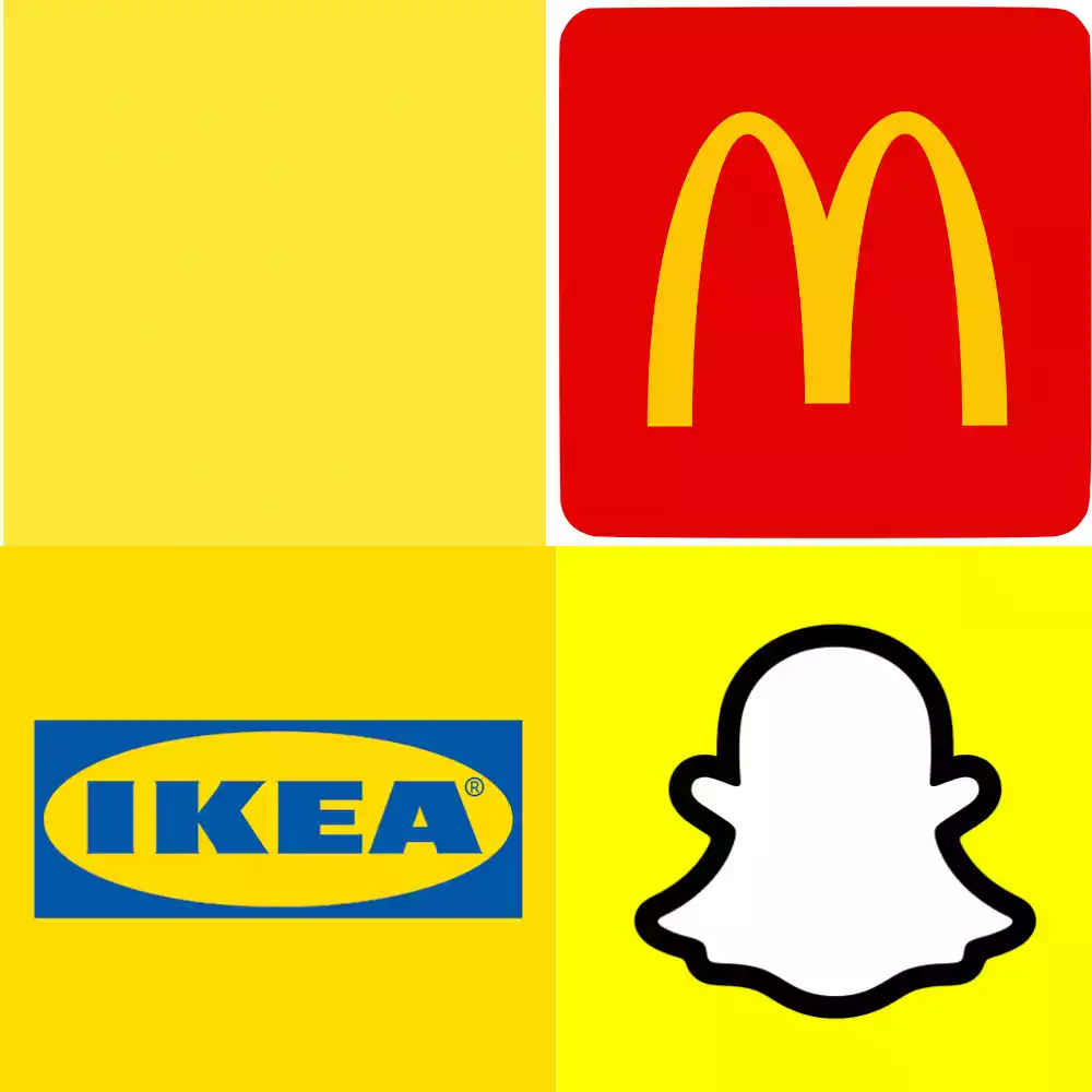 Collage de logos célèbres en nuances de jaune, incluant McDonald's, IKEA, et Snapchat.