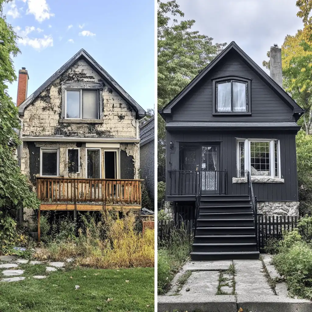 Dualité entre la maison en ruine et la maison rénovée