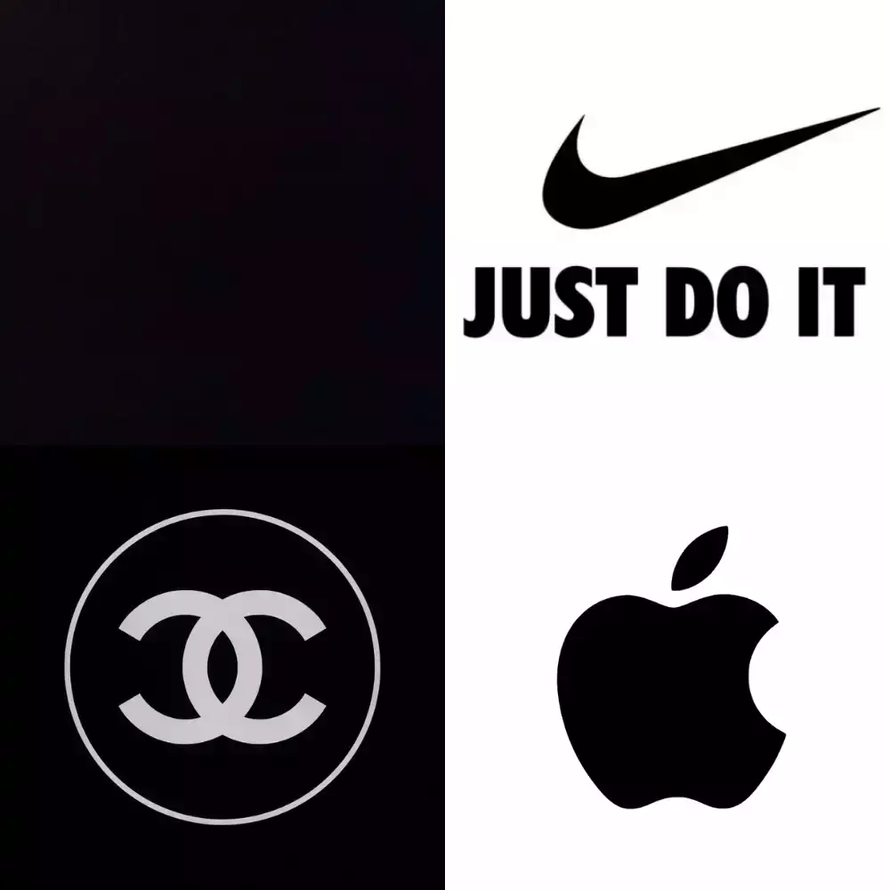 Collage de logos célèbres en noir et blanc, incluant Nike, Chanel, et Apple.