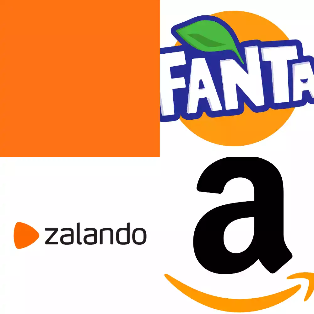 Collage de logos célèbres en nuances d'orange, incluant Fanta, Zalando, et Amazon.