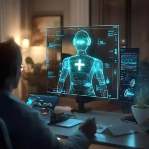 Patient à domicile entouré d'appareils connectés, interagissant avec un chatbot médical holographique affichant des lignes lumineuses et une croix médicale.