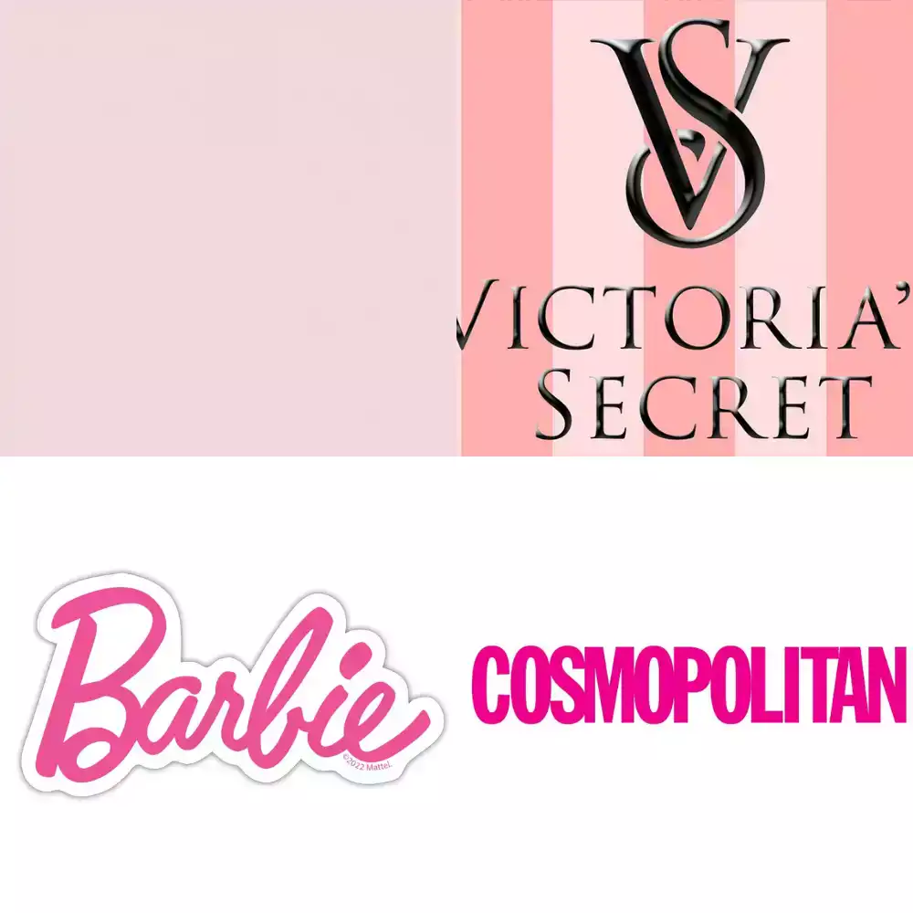 Collage de logos célèbres en différentes nuances de rose, incluant Victoria's Secret, Barbie, et Cosmopolitan.