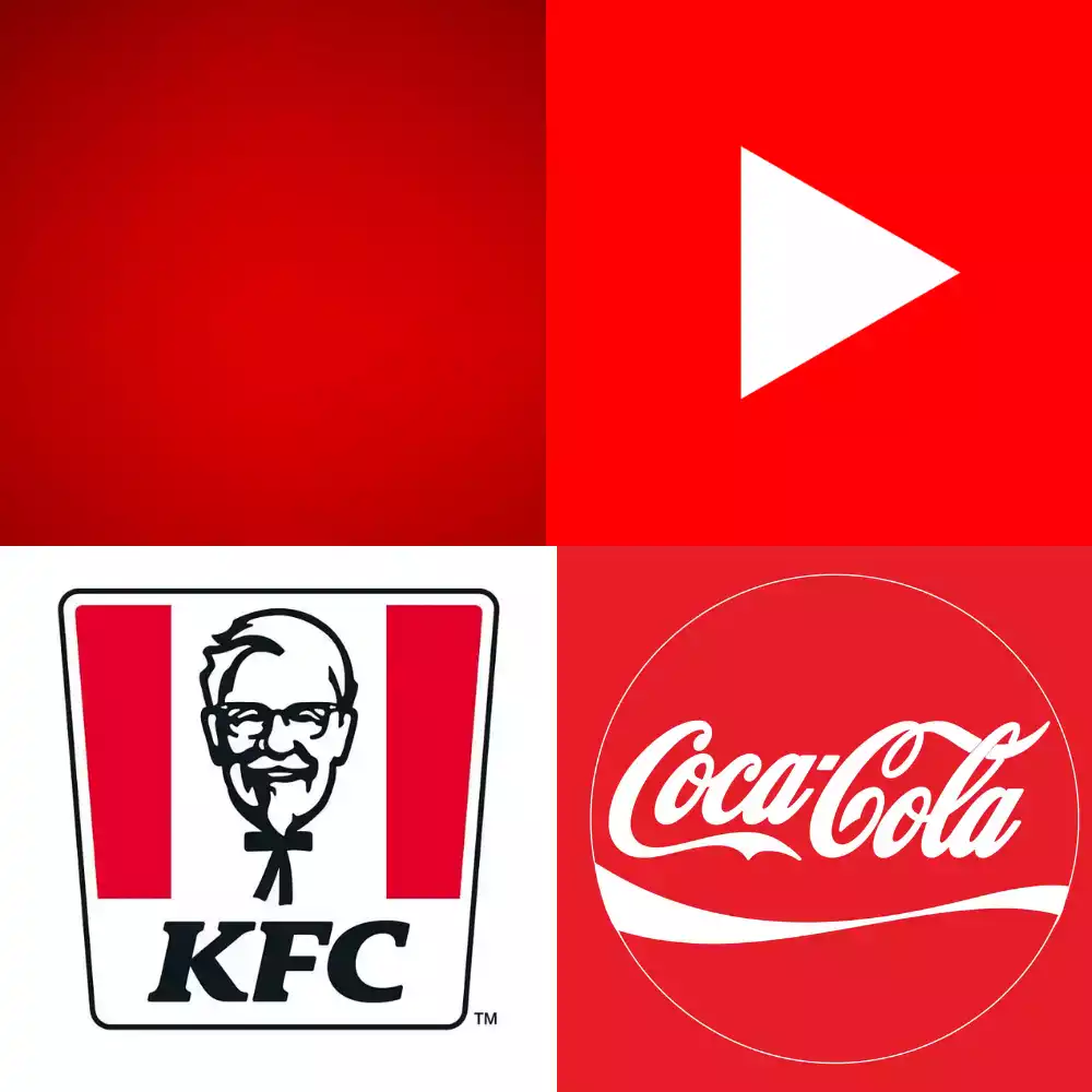 Collage de logos célèbres en différentes nuances de rouge, incluant YouTube, KFC, et Coca-Cola.