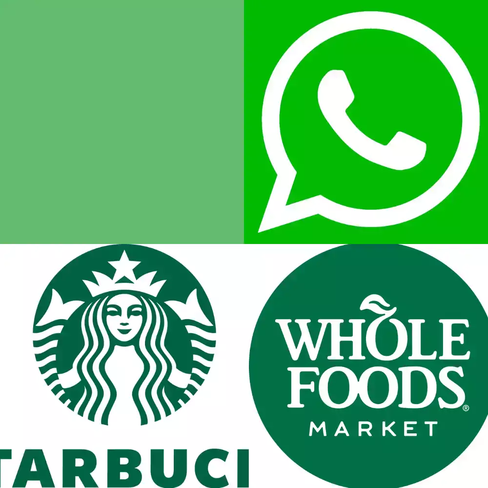 Collage de logos célèbres en différentes nuances de vert, incluant WhatsApp, Starbucks, et Whole Foods Market.