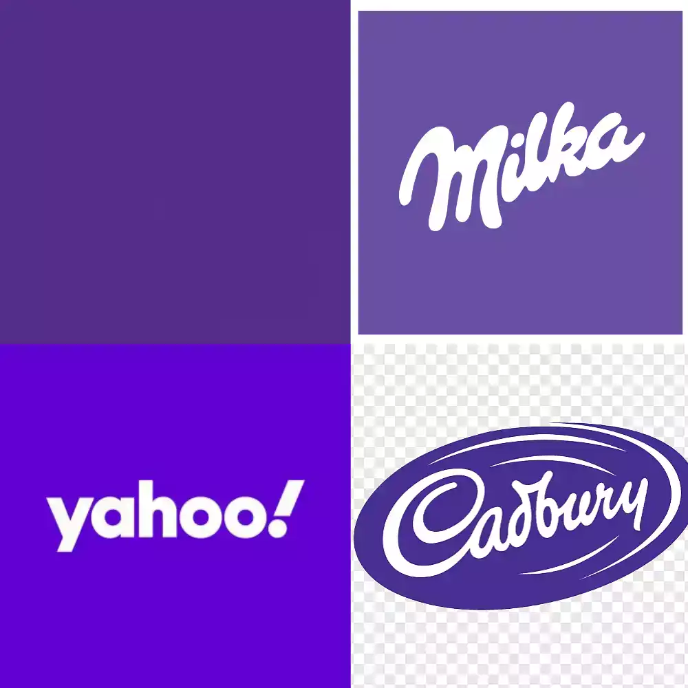 Collage de logos célèbres en différentes nuances de violet, incluant Milka, Yahoo!, et Cadbury