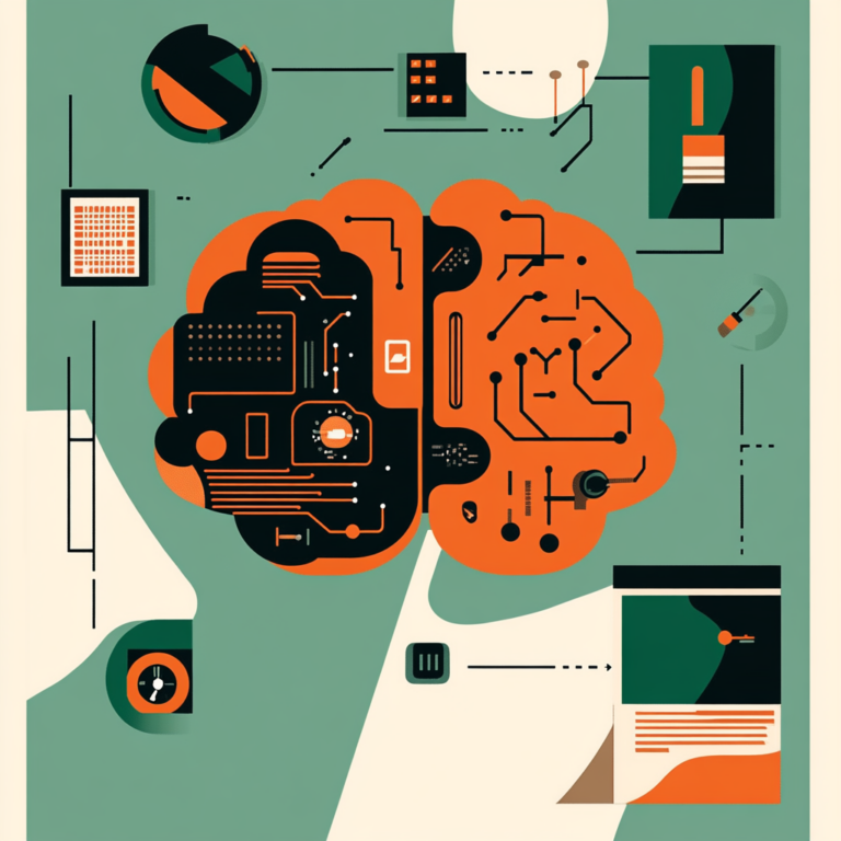 Illustration flatdesign représentant un cerveau avec des circuits imprimés. De couleurs oranges et noirs