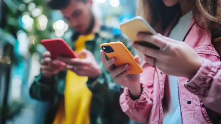 Jeunes adultes utilisant des smartphones colorés dans un environnement urbain. Les réseaux sociaux pour son activité commerciale.