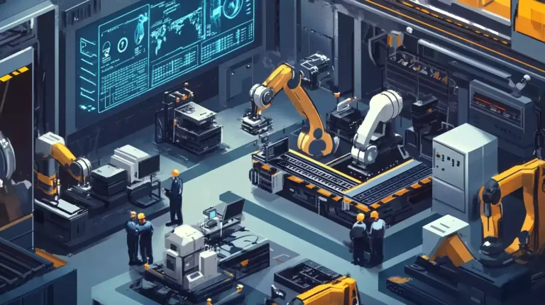 Usine avec robots industriels et automatisation intelligente.