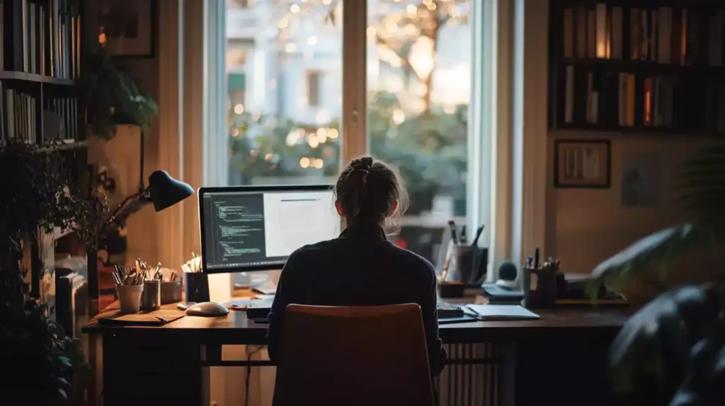 Personne en télétravail utilisant un ordinateur avec intelligence artificielle.