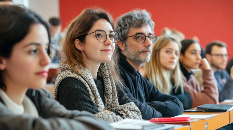 Personne suivant une formation en ligne dans un environnement professionnel.