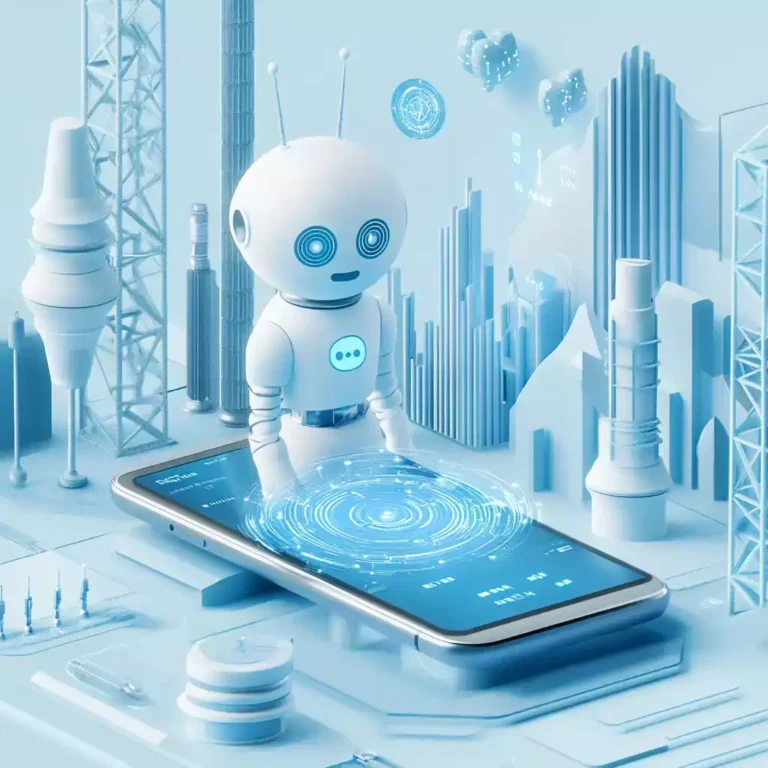 Illustration symbolique de l'intelligence artificielle dans le secteur des télécommunications, montrant un chatbot sur un smartphone entouré de motifs de données et de signaux.