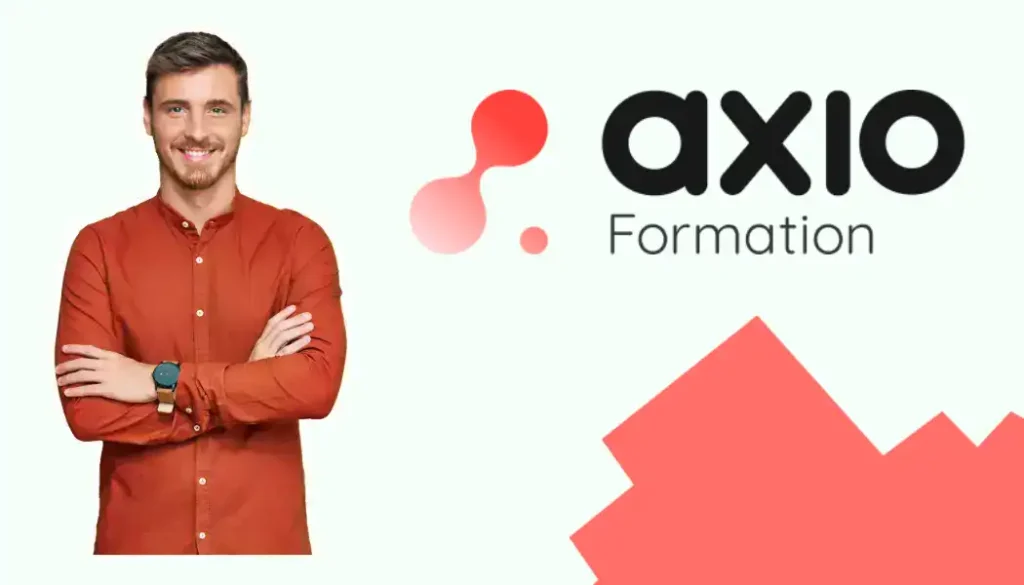 Visuel de marque Axio Formation avec un homme souriant en chemise orange.