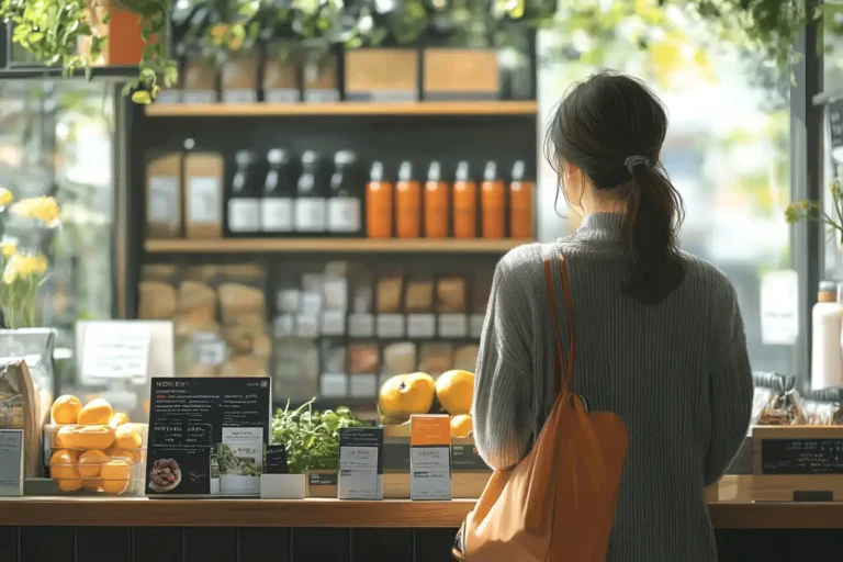 Femme dans une boutique moderne observant des produits, illustrant des techniques de vente efficaces.