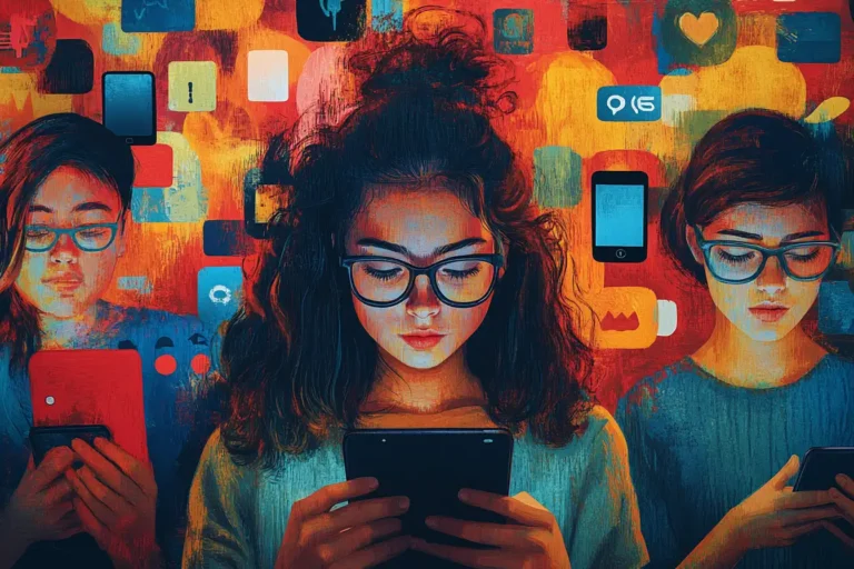 Illustration de jeunes femmes utilisant des smartphones, symbolisant l'impact du numérique sur les techniques de vente.