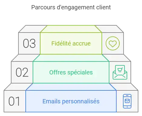 Illustration d'un parcours d'engagement client, de l'acquisition à la fidélisation.