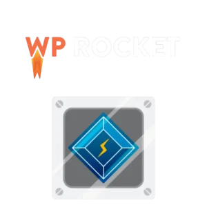 Logo WP Rocket et icône d'accélérateur de performance pour l'optimisation WordPress.