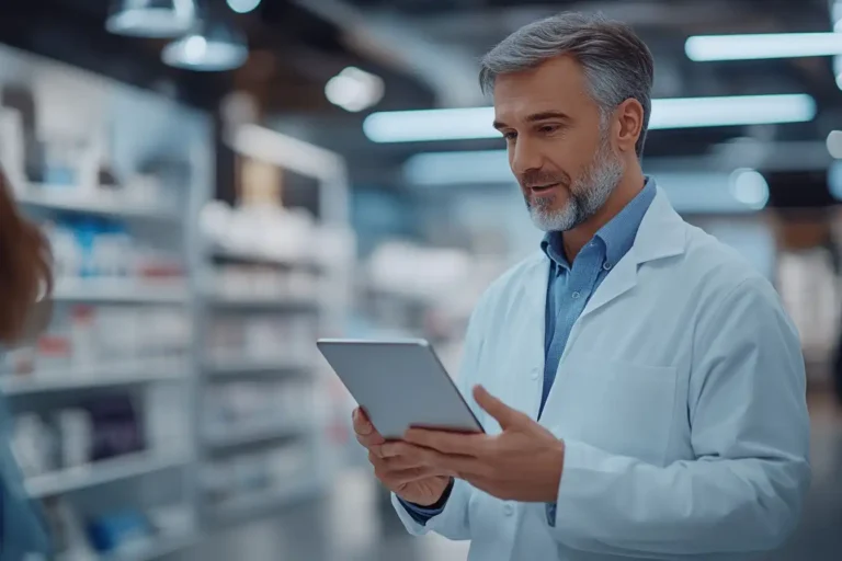 Professionnel en blouse blanche utilisant une tablette dans un environnement moderne, symbolisant l'utilisation de la technologie dans la vente.