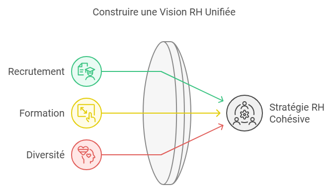 Infographie d’une stratégie RH unifiée avec les axes recrutement, formation et diversité.