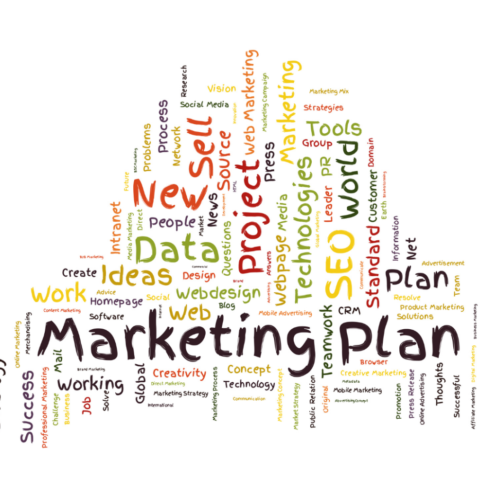 Nuage de mots sur le marketing et la communication, incluant "Marketing Plan", "SEO", et "Technologies".