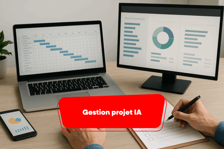 Illustration formation IA au travail — icônes technologiques et personne