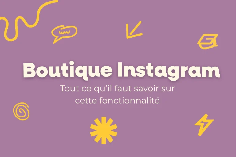 Visuel violet avec le titre Boutique Instagram et la mention ‘Tout ce qu’il faut savoir sur cette fonctionnalité’, entouré d’icônes jaunes.