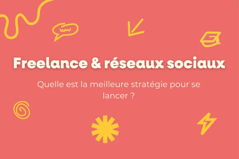 Visuel violet présentant le titre Social Media Manager Freelance et la mention ‘Le guide pour se lancer’, avec motifs graphiques jaunes