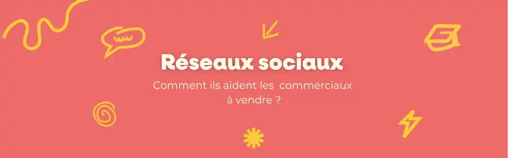 Visuel de présentation sur fond corail indiquant “Réseaux sociaux – Comment ils aident les commerciaux à vendre ?” avec des illustrations jaunes stylisées.