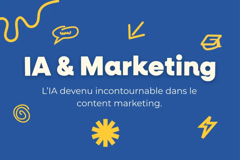 Visuel bleu affichant le titre IA & Marketing et le texte ‘L’IA devenu incontournable dans le content marketing’, avec des icônes jaunes.