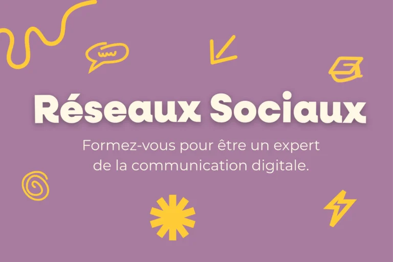 Visuel violet avec le titre Réseaux Sociaux et le texte ‘Formez-vous pour être un expert de la communication digitale’, agrémenté d’icônes jaunes.
