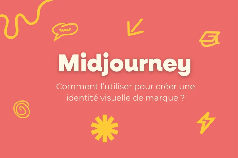 Visuel corail affichant le titre Midjourney et le texte ‘Comment l’utiliser pour créer une identité visuelle de marque ?’, décoré d’illustrations jaunes.