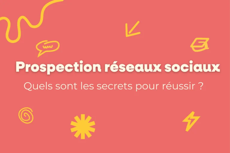 Visuel au fond corail avec des illustrations jaunes et le texte “Prospection réseaux sociaux – Quels sont les secrets pour réussir ?” au centre.
