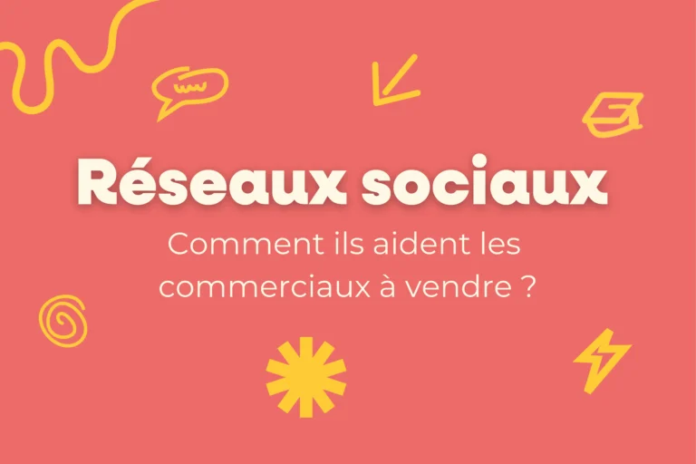Visuel de présentation sur fond corail indiquant “Réseaux sociaux – Comment ils aident les commerciaux à vendre ?” avec des illustrations jaunes stylisées.