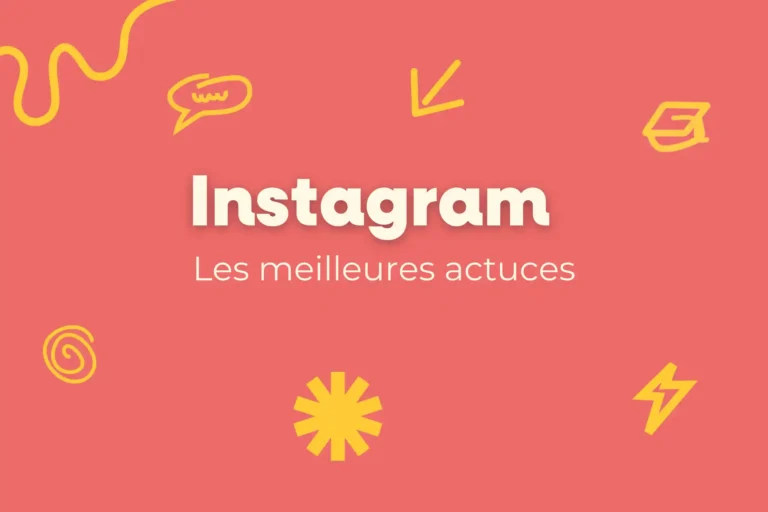 Illustration Instagram avec le titre Les meilleures astuces sur fond corail et icônes jaunes