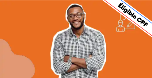 Homme souriant aux bras croisés sur fond orange, mention Éligible CPF, illustration bilan de compétences