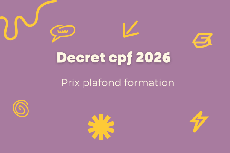 Décret CPF 2026 : prix plafond formation, visuel informatif sur fond violet avec éléments graphiques jaunes