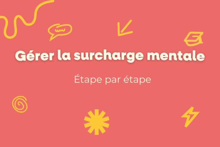 Comment gérer une surcharge mentale étape par étape ? 9 Gérer la surcharge mentale : étape par étape, visuel pédagogique sur fond corail avec illustrations jaunes