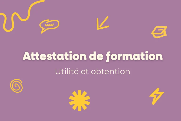 Attestation de formation : utilité et obtention, visuel informatif sur fond violet avec illustrations jaunes